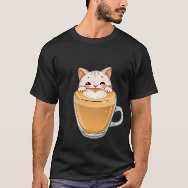 Camiseta Cute White Cat Latte Art Coffee Heart  ✨🐾☕ (Anverso)
