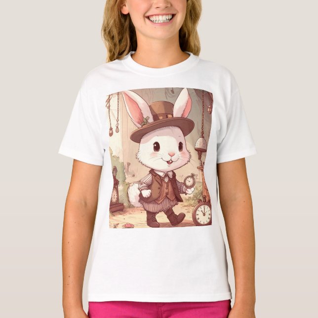 Camiseta Cute White Rabbit Wonderland Whimsical Timekeeper (Anverso)