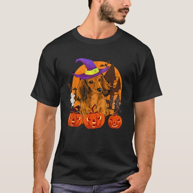 Camiseta Cute Wiener Dachshund Witch Pumpkin Dog Lover Hall (Anverso)