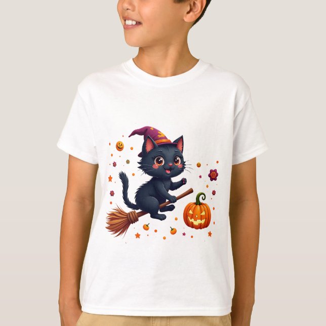 Camiseta Cute Witch Kitten Riding Broom Halloween   (Anverso)