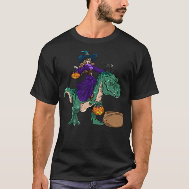 Camiseta Cute Witch riding Dinosaur Halloween (Anverso)