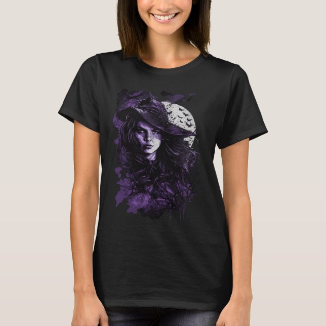 Camiseta Cute Witch Wiccan Wicca Pagan Girl under Full Moon (Anverso)
