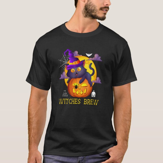 Camiseta Cute Witches Brew Black Cat And Pumpkin Halloween  (Anverso)