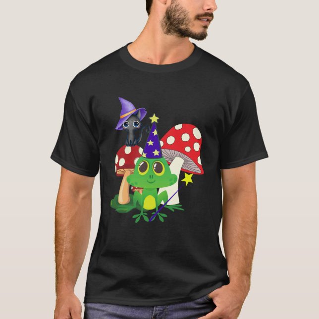 Camiseta Cute Wizard Frog and Witch Black Cat Mushrooms Hal (Anverso)