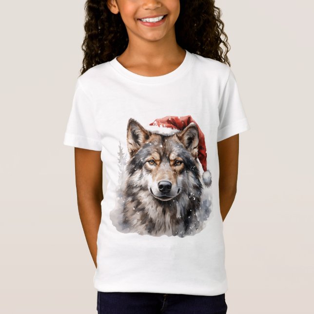 Camiseta cute wolf wearing a Santa hat (Anverso)