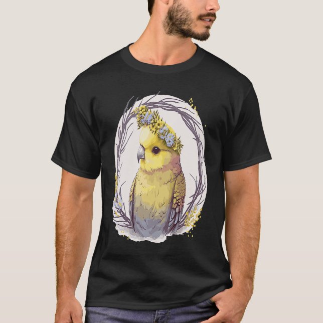 Camiseta Cute Yellow Budgie Parakeet Bird Flower Crown Pet  (Anverso)