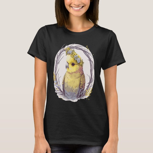 Camiseta Cute Yellow Budgie Parakeet Bird Flower Crown Pet  (Anverso)