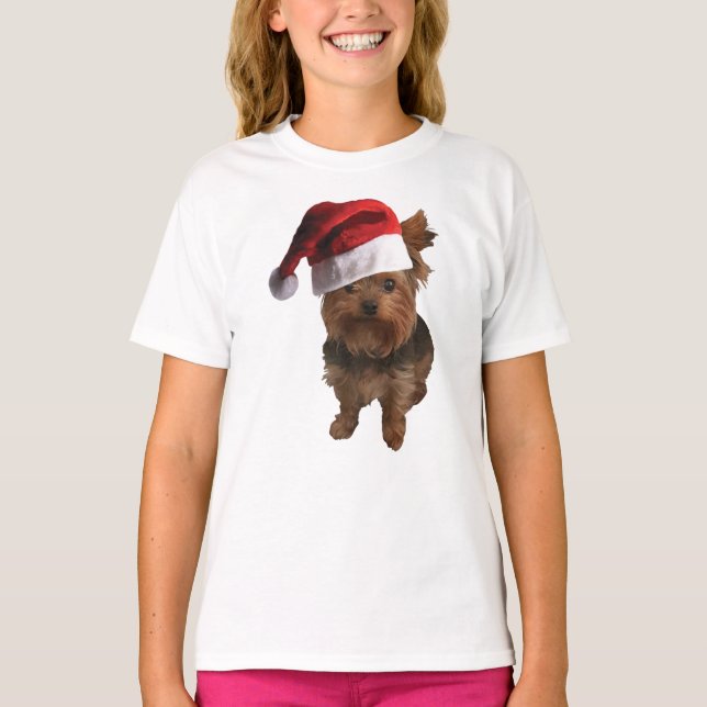 Camiseta Cute Yorki con un Gorra de Santa Claus (Anverso)