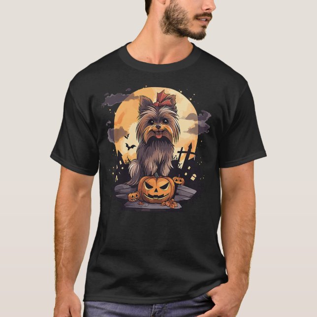 Camiseta Cute Yorkie Dog Halloween Pumpkin Bats and Moon (Anverso)