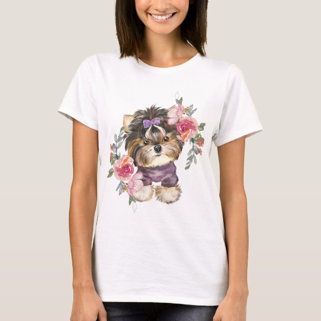 Camiseta Cute Yorkshire Terrier Yorkie y Flowers Art (Anverso)