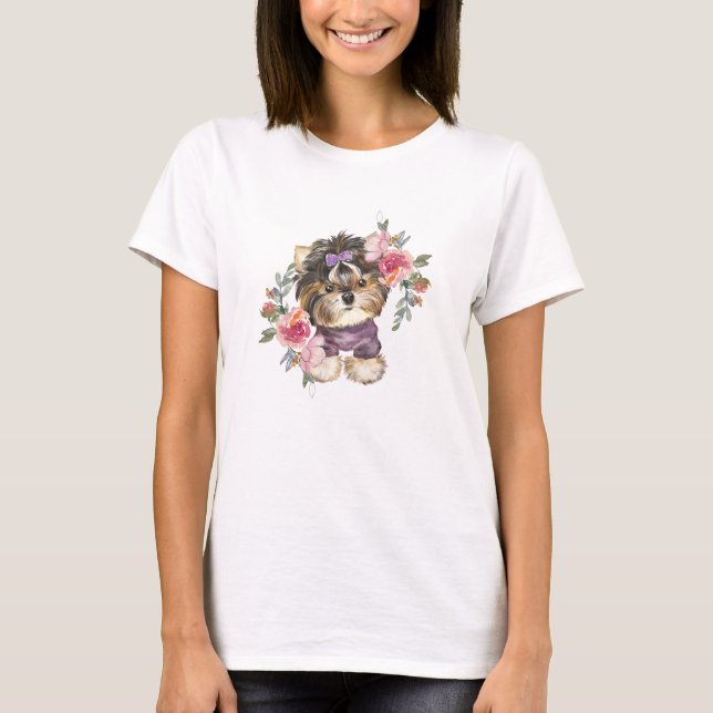 Camiseta Cute Yorkshire Terrier Yorkie y Flowers Art (Anverso)