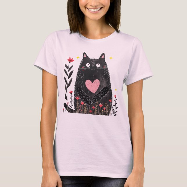 Camiseta Cuto Boho Floral acuarela Black Cat Art (Anverso)