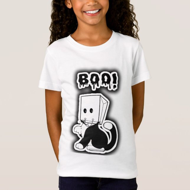 Camiseta Cuto" Boo!"Gato negro con máscara de bolsita de pa (Anverso)