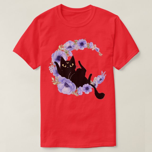 Camiseta Cuto gato negro Flor azul Crescent Luna Luna Cele (Diseño del anverso)