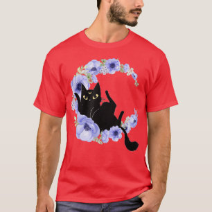 Camiseta Cuto gato negro Flor azul Crescent Luna Luna Cele