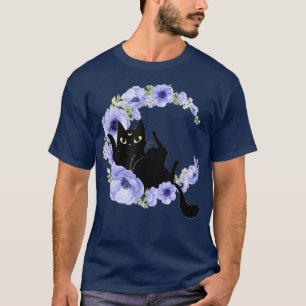 Camiseta Cuto gato negro Flor azul Crescent Luna Luna Cele