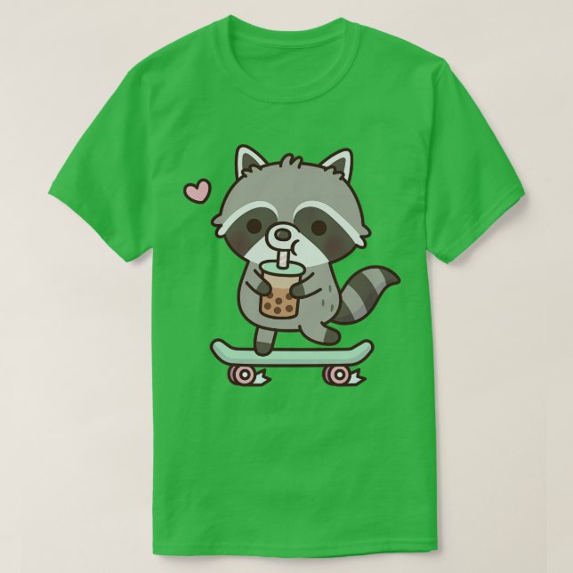 Camiseta Cuto Skateboarding Raccoon Beber Boba Té (Diseño del anverso)