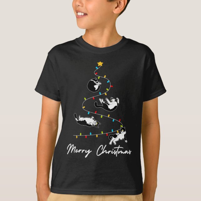 Camiseta Cuto Tuxedo gatos de navidad Árbol de luces Propie (Anverso)