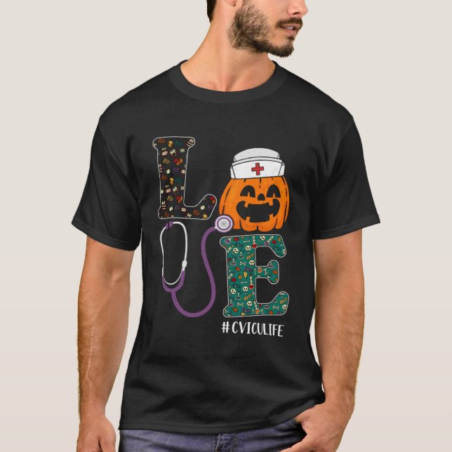 Camiseta CVICU Nurse Halloween Scary Pumpkin Love Nurse Lif (Anverso)