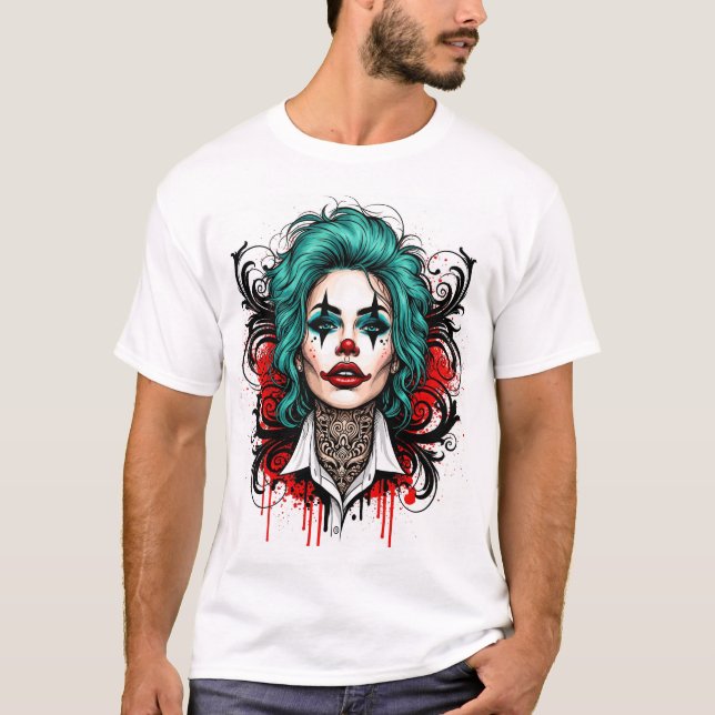 Camiseta Cyan Haired Clown Queen - Spooky Chic Graphic (Anverso)