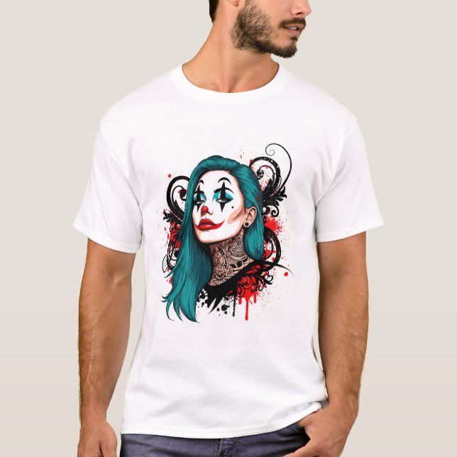 Camiseta Cyan Haired Clown Queen - Spooky Chic Graphic (Anverso)
