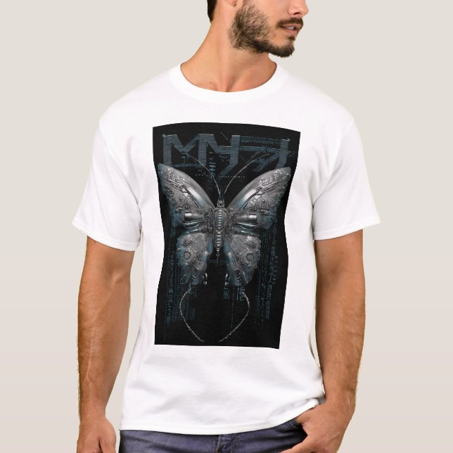 Camiseta Cyber Butterfly — Biomechanical Wings on Black (Anverso)