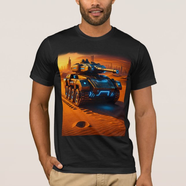 Camiseta Cyber Desert Tank Tee – Futuristic Armor in Sunset (Anverso)