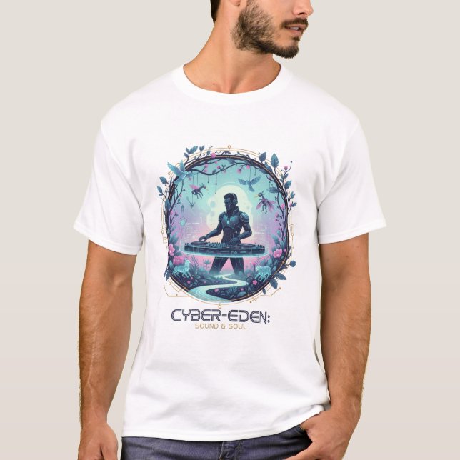 Camiseta Cyber-Eden DJ Tee – Beats de Paraíso Digital (Anverso)