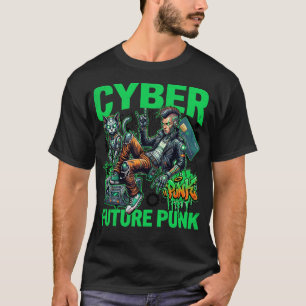 Camiseta Cyber Future Punk – Cyborg Gato Streetwear Neón