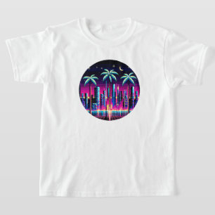 Camiseta Cyber Palmas Neon Pixel Art Retro Futurista Diseño
