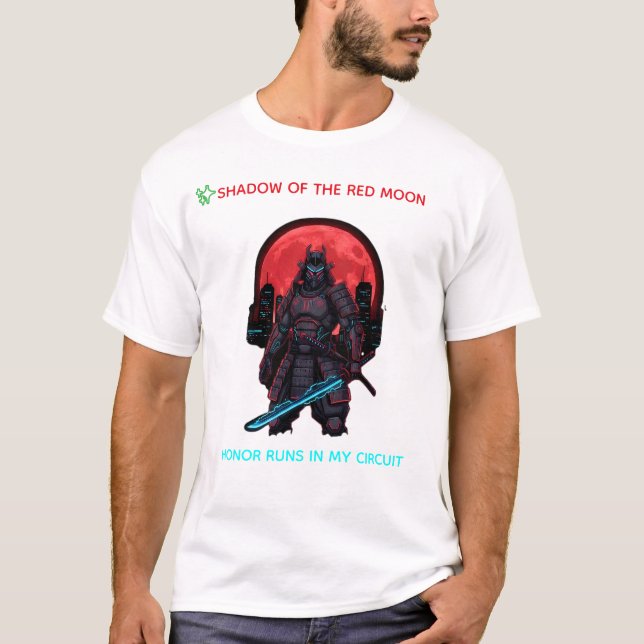 Camiseta Cyber Samurai Under the Red Moon – Neon Warrior (Anverso)