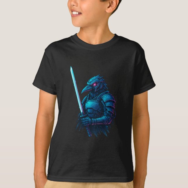 Camiseta Cybernetic Crow Ronin – Neon Samurai Bird Warrior (Anverso)