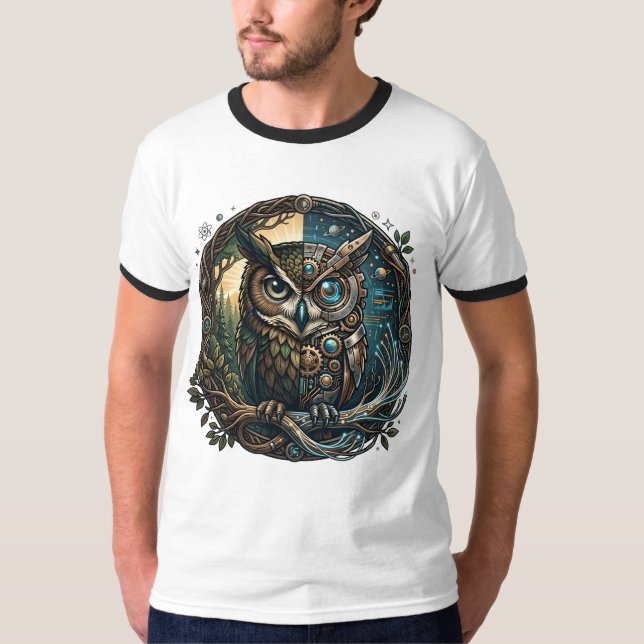 Camiseta Cybernetic Owl Nature vs Technology Steampunk (Anverso)