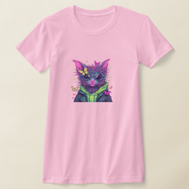 Camiseta Cyberpunk Cat with Sunglasses and Neon Butterflies (Distribución)