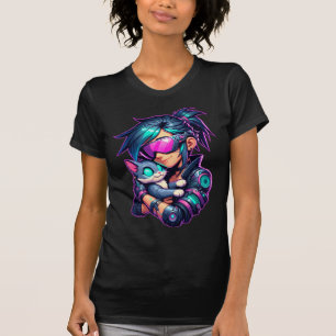 Camiseta Cyberpunk Chica y gato