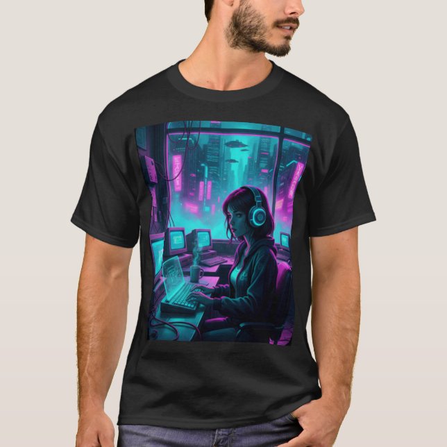Camiseta Cyberpunk Coder Girl – Retro Future Hacker Art (Anverso)