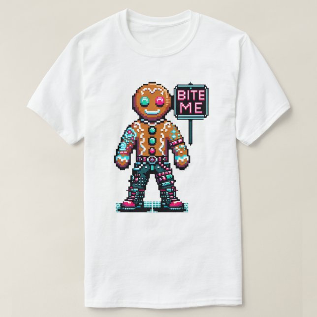 Camiseta Cyberpunk Gingerbread Man - Navidades "Bite Me" (Diseño del anverso)