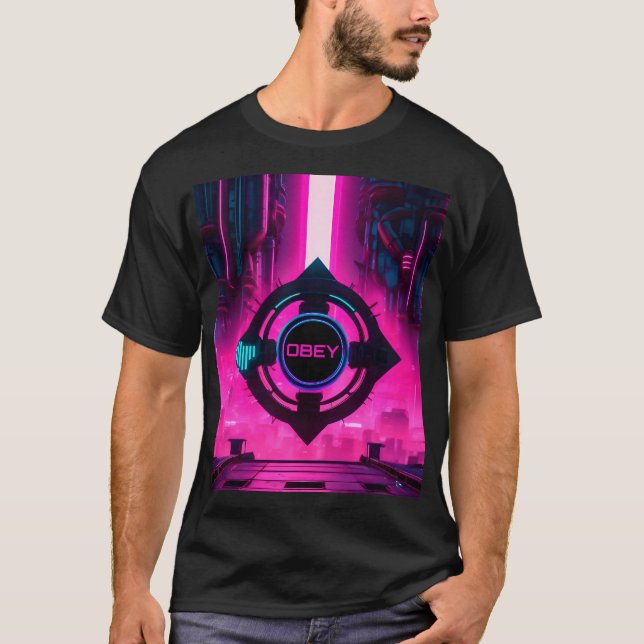 Camiseta Cyberpunk Neon Obey Dystopian Sci-Fi City (Anverso)