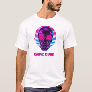 Camiseta Cyberpunk Neon Skull Game Over T-Shirt in Pink and