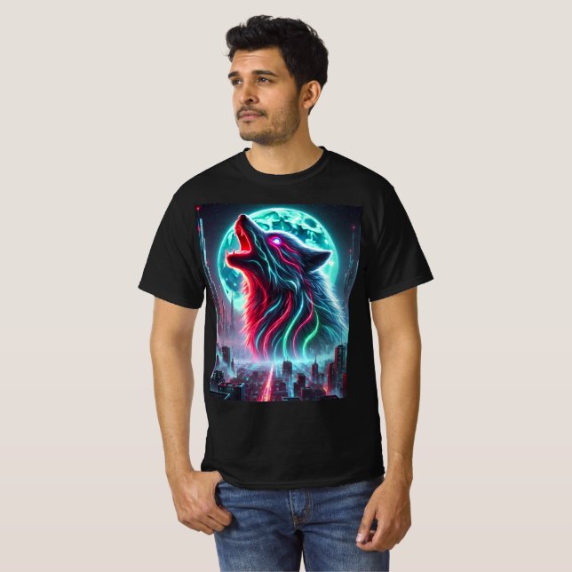 Camiseta Cyberpunk Neon Wolf T-Shirt Design. (Anverso completo)