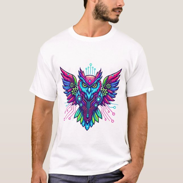 Camiseta Cyberpunk Owl Guardian - Neon Tech Wisdom (Anverso)