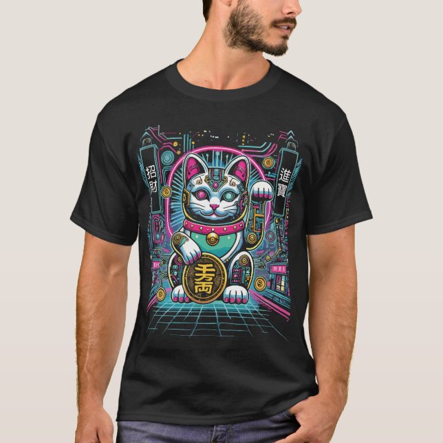 Camiseta Cyberpunk Robot Maneki Neko Lucky Cat, Dinero (Anverso)