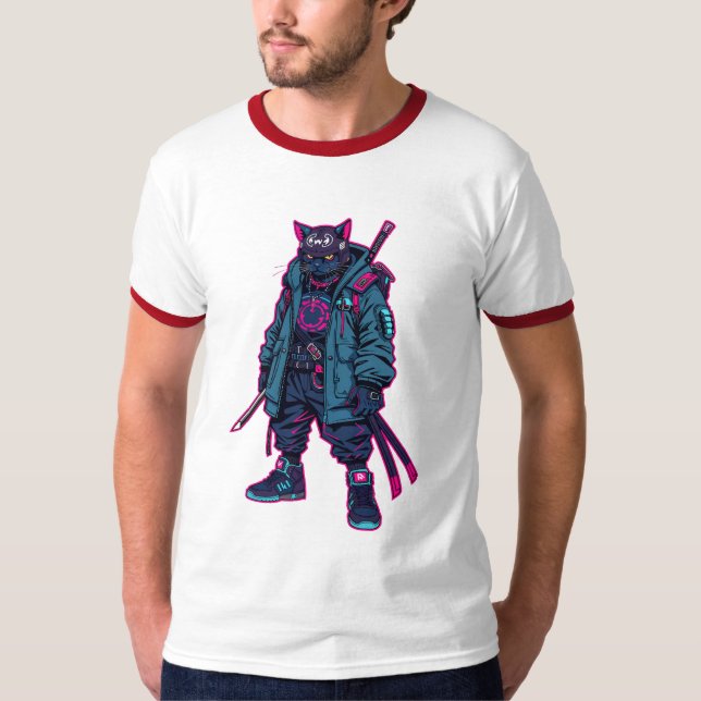 Camiseta Cyberpunk Samurai Cat Neon Anime Art (Anverso)