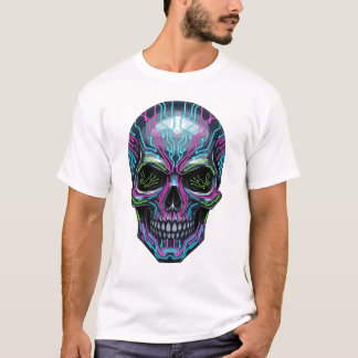 Camiseta Cyberpunk Skeleton T-Shirt – Futuristic Neon Skull
