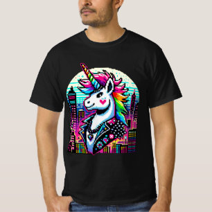 Camiseta Cyberpunk Unicorn Neon Pixel Diseño del paisaje de