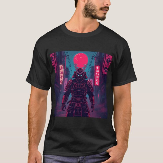 Camiseta Cyberpunk Warrior Under Red Moon (Anverso)