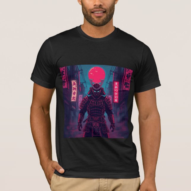 Camiseta Cyberpunk Warrior Under Red Moon (Anverso)