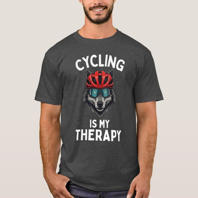 Camiseta Cycling Is My Therapy, Funny Cyclist Wolf Lover (Anverso)