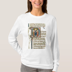 Camiseta 'D' inicial historiada que representa a un sacerdo