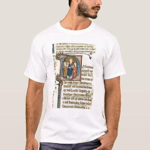 Camiseta 'D' inicial historiada que representa a un sacerdo